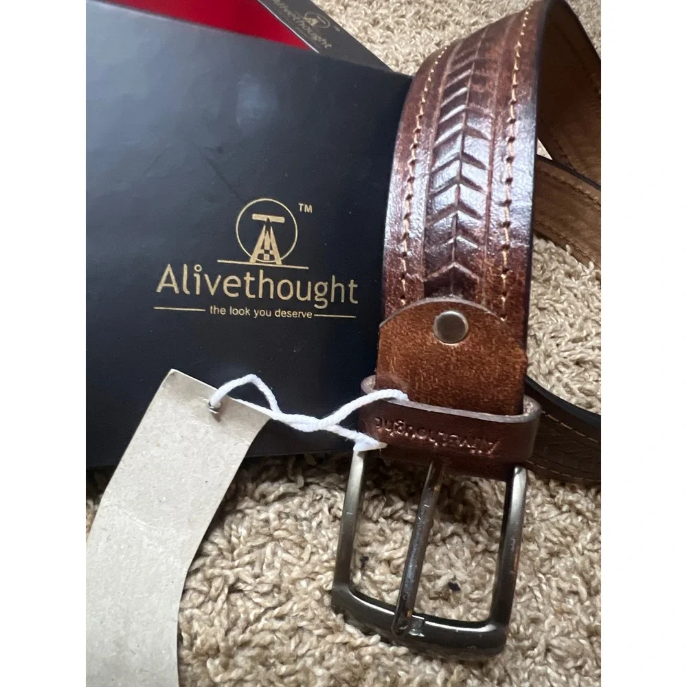 Alivethought Mens Brown Genuine Leather Belt Embossed Chevron Stitched 47 Inch